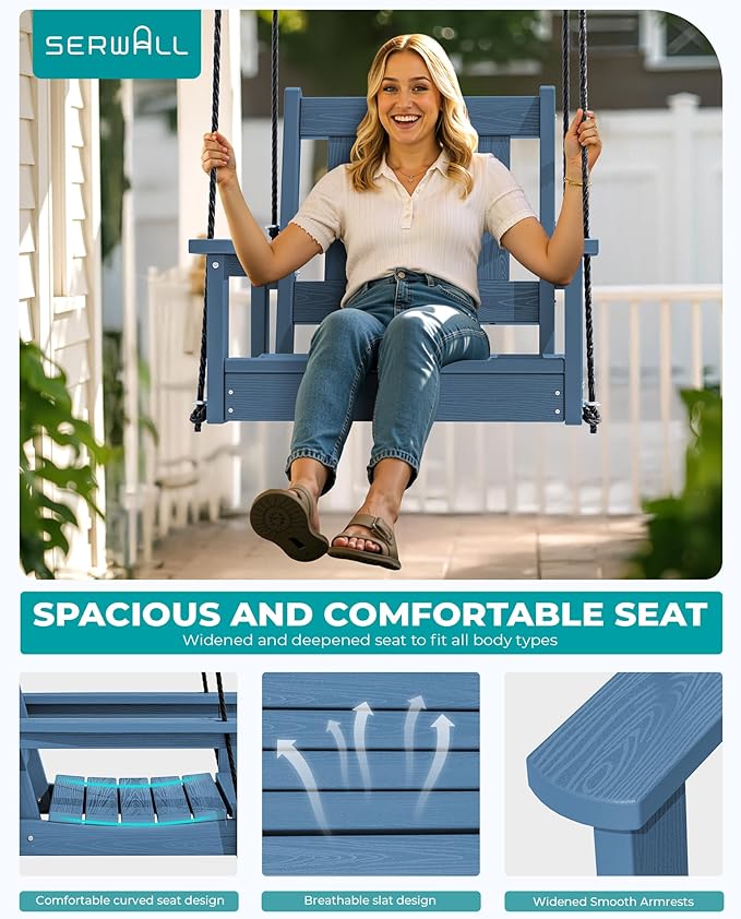 SERWALL HDPE Single Porch Swing, Heavy Duty Single Person Swing Chair with 2 Polypropylene Hanging Ropes, Adirondack Hanging Chair for Outdoor Front Porch Patio Garden Yard, Blue