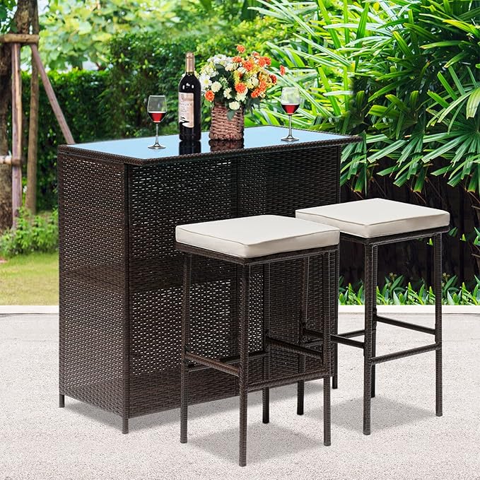 Wicker Patio Furniture 3 Piece Patio Bar Table Set Chairs Wicker Outdoor Rattan Bistro Set Glass Top Table and Two Stools for Yard or Backyard