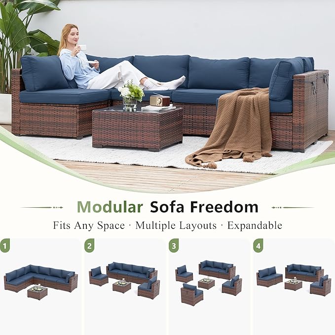 Amopatio Patio Furniture Set with Waterproof Cover, Modular Outdoor Sectional 7 Piece Wicker Patio Set, Multiple Combinations Outdoor Sofa w/Coffee Table, Navy Blue