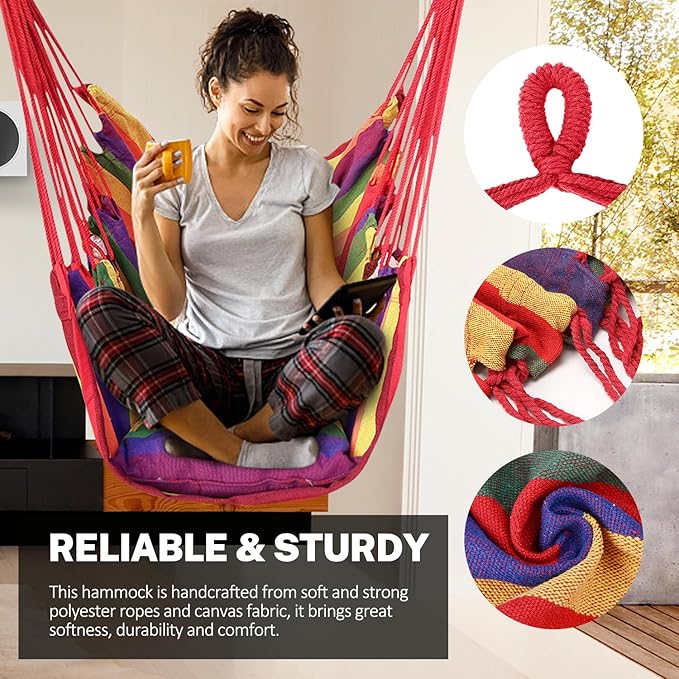 KPX Ourdoor Hanging Hammock Chair – Comfortable Tree Swing Chair Large Size 110X130cm（Without Pillows） - 330 Lbs Weight Capacity (Rainbow)