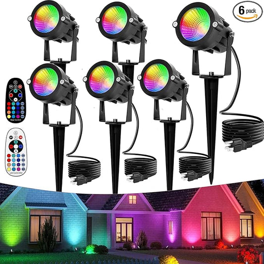 Halloween Christmas Spotlights Outdoor: RGBW Spot lights Plug in 120V Remote Control 16 Color Changing Waterproof LED Landscape Spotlights for Yard Garden Lawn Holiday Décor, 6 Pack (RGB + Warm Light)