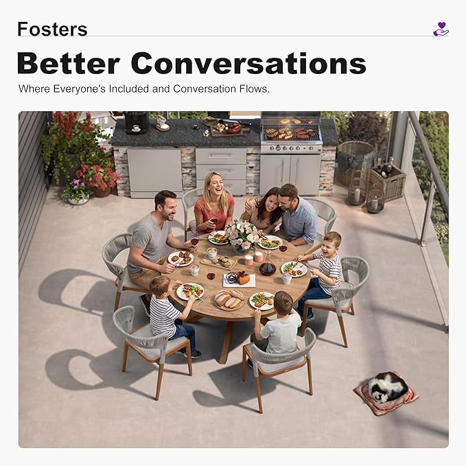PURPLE LEAF 7 Pieces Round Patio Dining Set Outdoor Furniture with Rattan Chairs for Lawn Garden Backyard Aluminum Table Sets Deep Teak Outdoor Set