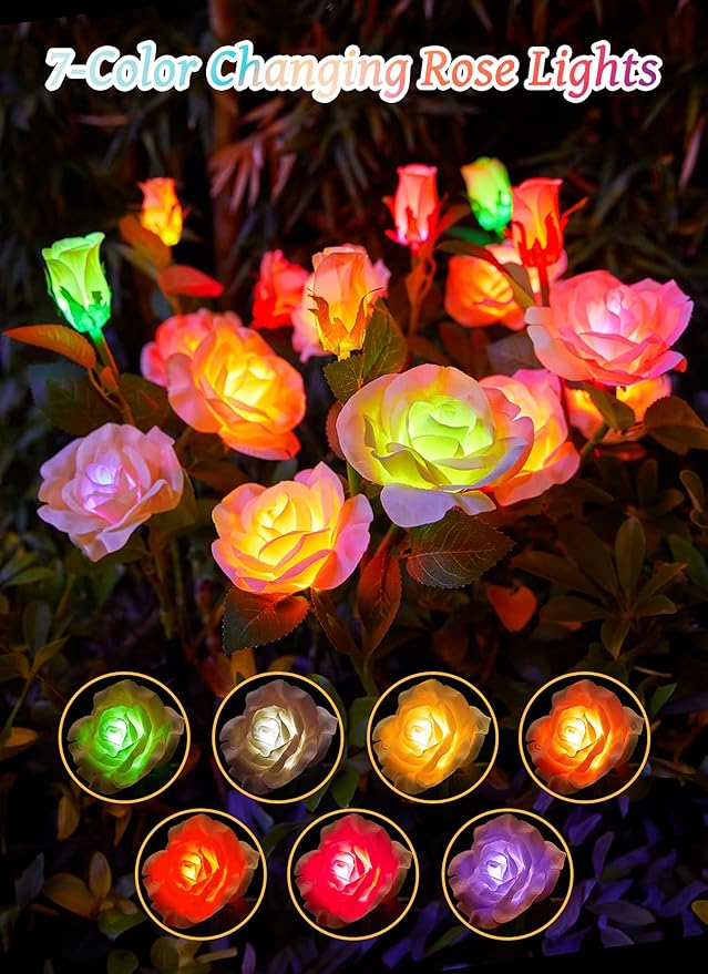 Brightown Outdoor Solar Flower Lights, 4 Pack 7-Color Changing Solar Garden Lights with Larger & More Realistic Rose, Bigger Solar Panel, Waterproof Solar Lights for Yard Garden Lawn Pathway Decor