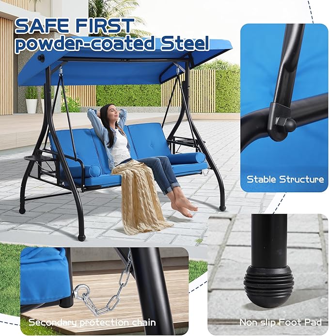 3 Seat Outdoor Porch Swings with Adjustable Canopy - Patio Porch Swing Glider Bench with Stand, Heavy Duty Swing Bed W/Cushions Pillows and Cup Holder for Backyard Garden Lawn Poolside (Blue)