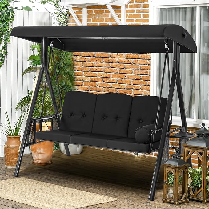 AECOJOY Outdoor Porch Swing, 3-Seat Porch Swing with Adjustable Canopy, Outdoor Swings for Adult with Black Removable Cushions for Backyard, Garden, Yard, Poolside, Balcony