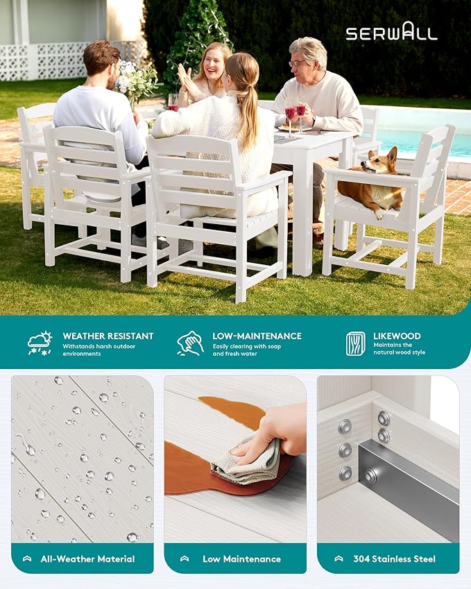 SERWALL Outdoor Dining Sets for 6, HDPE Dining Sets with 1 Umbrella Hole Cut-Out Rectangular Table and 4 Armless Chairs and 2 Armchairs, Patio Dining Sets, White
