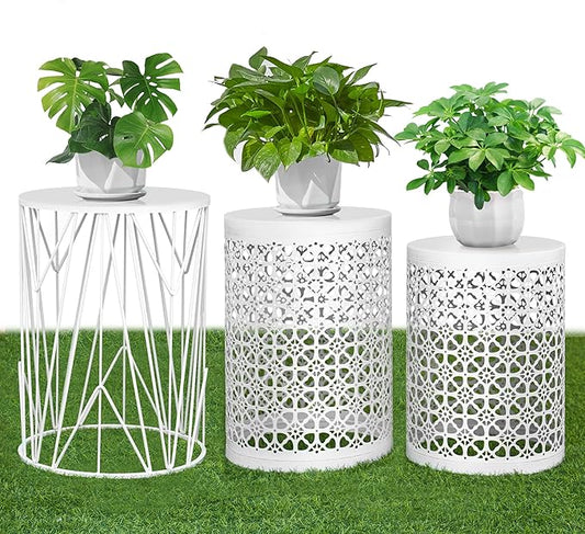 HFHOME Set of 3 Heavy-Duty Round End Table, Side Table, Coffee Table for Indoor Multifunctional Use, Outdoor Decorative Garden Stool Plant Stand-White