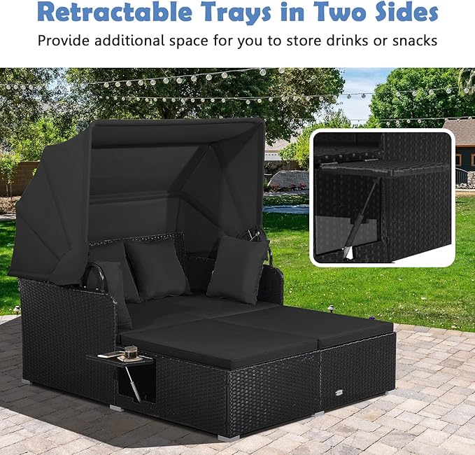 Moccha Outdoor Daybed with Retractable Canopy, Wicker Cabana with 2 Side Tables & Soft Cushions ,Hand-Woven PE Rattan Bed Lounger, Patio Sectional Furniture Set for Garden Backyard Porch (Black)