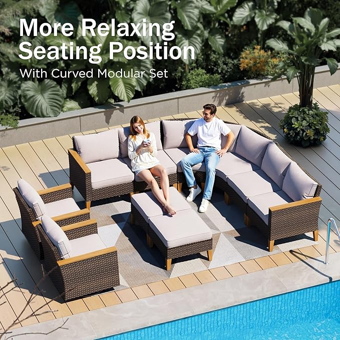 PHI VILLA Half-Moon Patio Furniture Set with 56" Fire Pit Table, 8-Piece Wicker Outdoor Curved Sectional Sofa, Large Conversation Seating for Garden or Backyard, Beige
