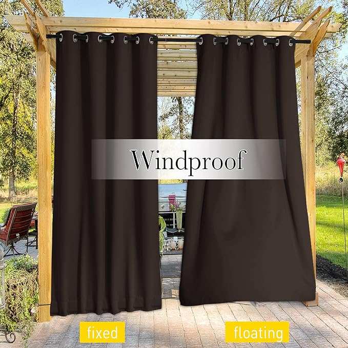 NICETOWN 2 Panels Outdoor Curtains for Patio Waterproof & Windproof, Extra Wide Grommet & Back Tab on Top & Bottom Thermal Insulated Sun Blocking Drapes with Rope for Deck, Toffee Brown, W100 x L95