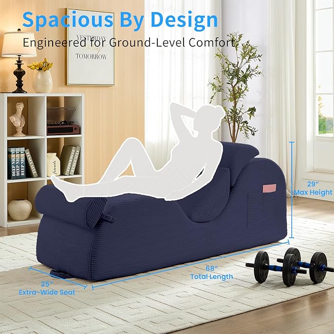 ijuicy 25" Wide Corduroy Yoga Chair, Yoga Lounge Chair for Adults, Chaise Lounge Chair Indoor/Yoga Lounger with Headrest, Waist Cushion, Movable Footrest, Side Pockets, High Density Sponge-Blue