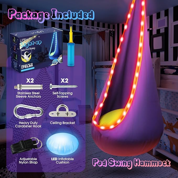 Light Up Kids Pod Swing Seat, Upgraded Kids Hanging Hammock Swing with LED Lights, Cotton Sensory Pod Swing Chair with Inflatable Pillow, Pod Swing for Kids Indoor & Outdoor (1 PCS) (Blue)