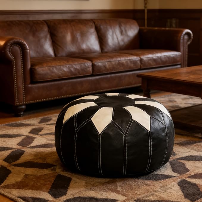 Thgonwid Unstuffed Moroccan Faux Leather Pouf Ottoman with Storage - Handmade Boho Chic Multi-Use Footrest for Living Room, Bedroom, Patio - Round Ethnic Floor Cushion & Decorative Accent, Black&White