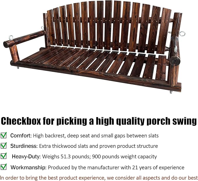 5FT Rustic Log Wooden Porch Swing, Heavy-Duty 900 LBS, Outdoor Hanging Bench for Patio, Garden, Yard – Solid Fir Wood, Handcrafted, Weather-Resistant Finish (Rustic, 5-feet)