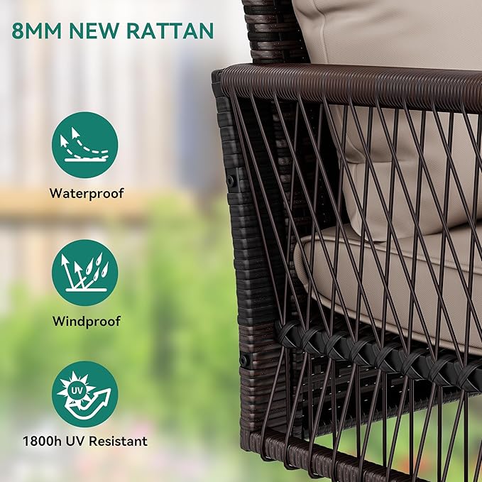 YITAHOME 3-Seats Front Porch Swing with Cushion Hanging Wicker Swing Rattan Patio Swing Lounge Swing Chair Hammock for Garden, Balcony, Deck