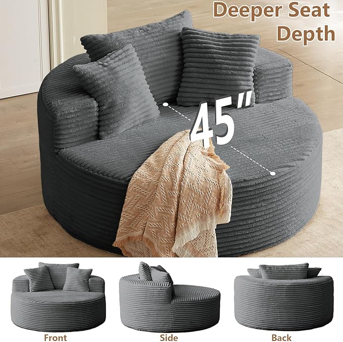 Oversized Round Chair Lounge Chaise Indoor, Upholstered Corduroy Deep Seat Cloud Large Circle Sofa Chair, No Assembly Required, Fluffy Modern Sleeper Sofa Bed for Reading, Living Room, Bedroom, Gray