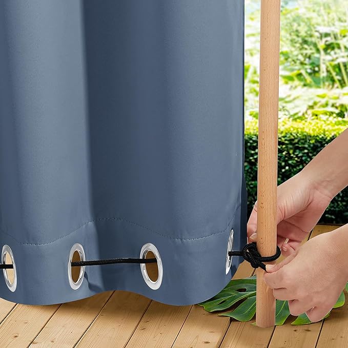 NICETOWN 2 Panels Outdoor Curtains for Patio Waterproof & Windproof, Extra Wide Grommet & Back Tab on Top & Bottom Thermal Insulated Sun Blocking Drapes with Rope for Deck, Stone Blue, W100 x L95