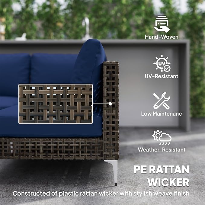Outsunny 7 Piece Wicker Patio Furniture Set, Modular Outdoor Sectional with Thickened Cushions, Rattan Outdoor Furniture Conversation Set with Slatted Acacia Wood Table for Backyard, Brown/Dark Blue
