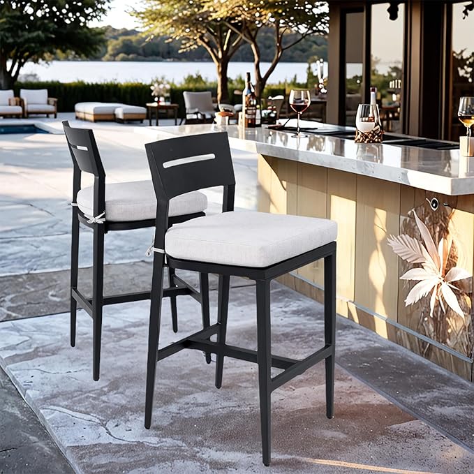 Modern Outdoor Bar Stools Set of 2 Aluminum Tall Patio Chairs with Ergonomic Backrest with Sunbrella Fabric Cushion Weather-Resistant Frame for Garden Poolside