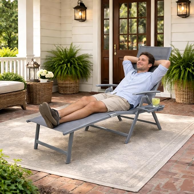 Kozyard Aluminum Outdoor Chaise Lounge Chair, Adjustable Reclining Patio Lounge with Drink Holder, Weather-Resistant Pool, Deck & Yard Recliner,Assemble-Free, Gray