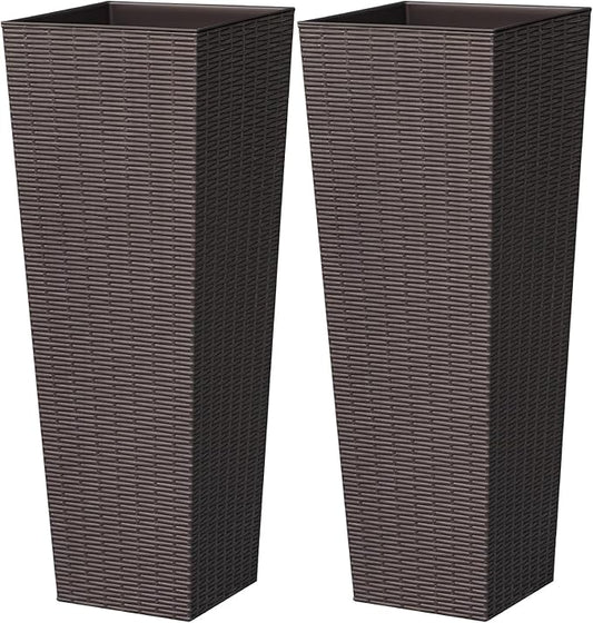Greesum 32 Inch Tall Plastic Planters(Set of 2), Detachable Inner Pot & Drainage Holes, Outdoor Decorative Flower Pots for Large Plants, Trees, Patio, and Garden, Brown