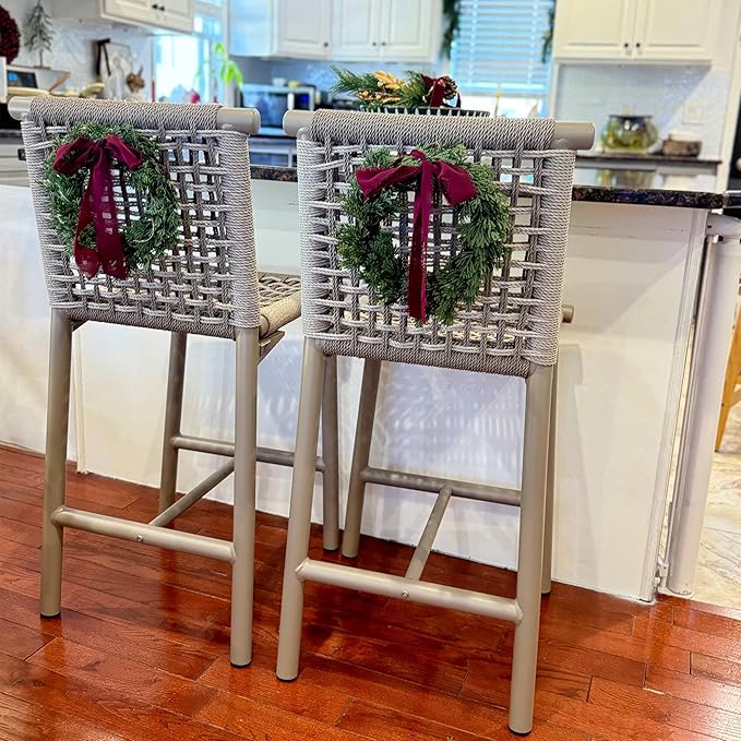 PURPLE LEAF Outdoor Counter Height Stools Set of 4 Aluminum Wicker Bar Stool with Back for Backyard Pool Lawn Kitchen Patio Metal Barstool Chairs Champagne