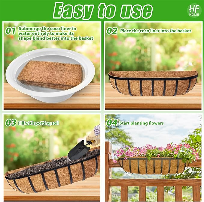 HFHOME 2 Pcs 24" Window Box Deck Railing Planter with Horse Trough Coco Liners, Black Metal Hanging Flower Planters Baskets for Indoor, Outdoor, Balcony, Porch, Fence, Patio, and Lawn