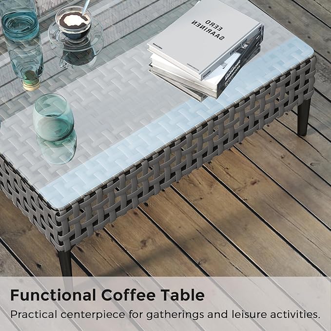 Outdoor Patio Sofa Conversation Set–Rattan 4 Seats Comfortable Couch for Garden, Yard, Weatherproof–Includes Glass Table, Armless Chairs, and Two-Seater Sofa