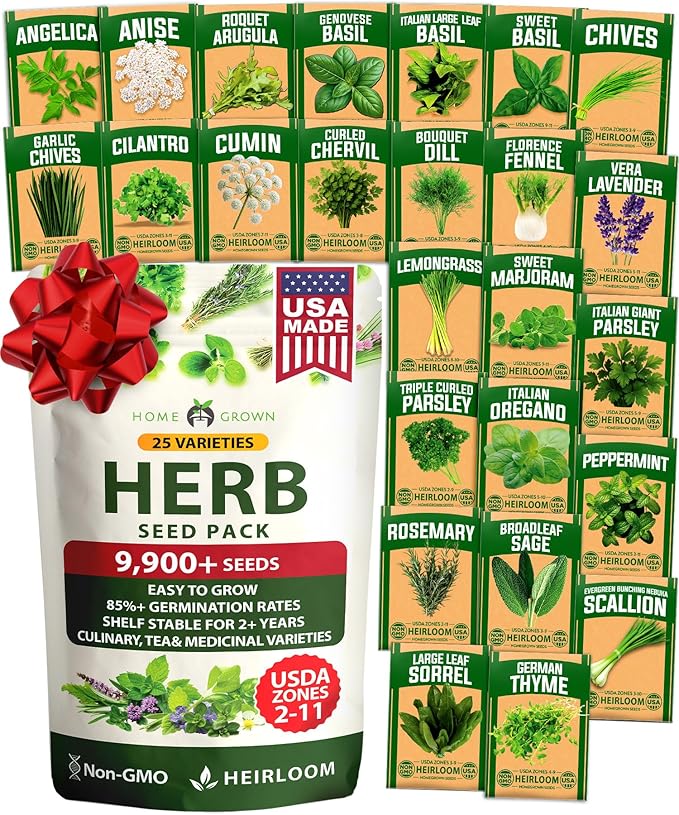 HOME GROWN 25 Herb Seeds for Planting 8,700+ Non-GMO Heirloom Seeds | Extra Large Variety Pack Herb Kit – Indoor Outdoor & Hydroponic | Culinary Seed Set | Grow Your Own Herbs | Gardening Gift