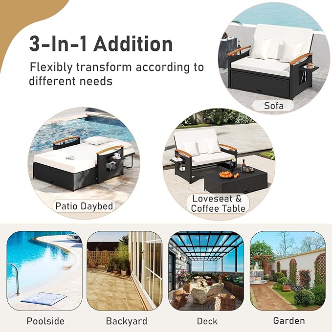 Moccha Outdoor Wicker Daybed, Patio Rattan Loveseat Sofa w/ 4-Level Adjustable Backrest, Folding Panels, Storage Ottoman & Cushions, Lounge Furniture Set for Poolside Backyard Porch (White & Black)