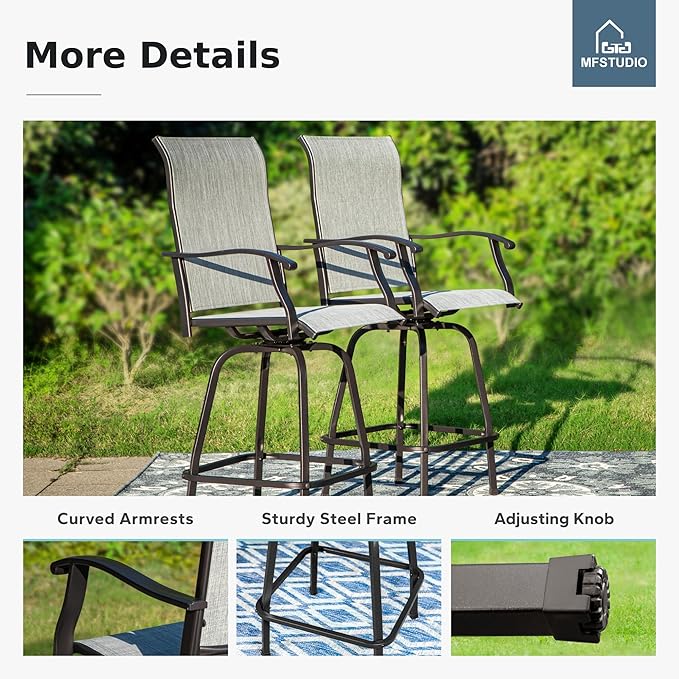 MFSTUDIO Outdoor Bar Stools Set of 2, Swivel Bar Height Patio Chairs Outdoor Barstools High Top Patio Swivel Bar Chairs, Breathable Textilene, Light Grey