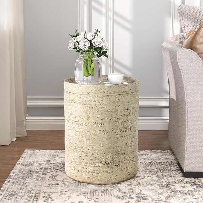 SUNBURY Set of 2 Outdoor Side Tables for Patio, Concrete Accent End Table, Round Modern Coffee Ceramic Side Garden Stool Log