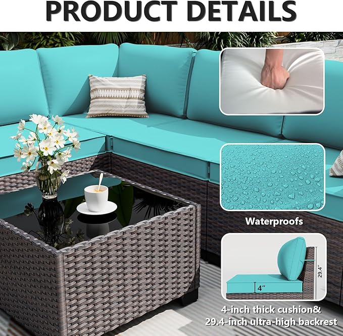 ALAULM 7 Pieces Patio Furniture Set with Fire Pit Table 55000BTU, Oversized Seat/Armrest and High Back Wicker Conversation Set with Thick Cushion for Backyard, Garden, Turquoise