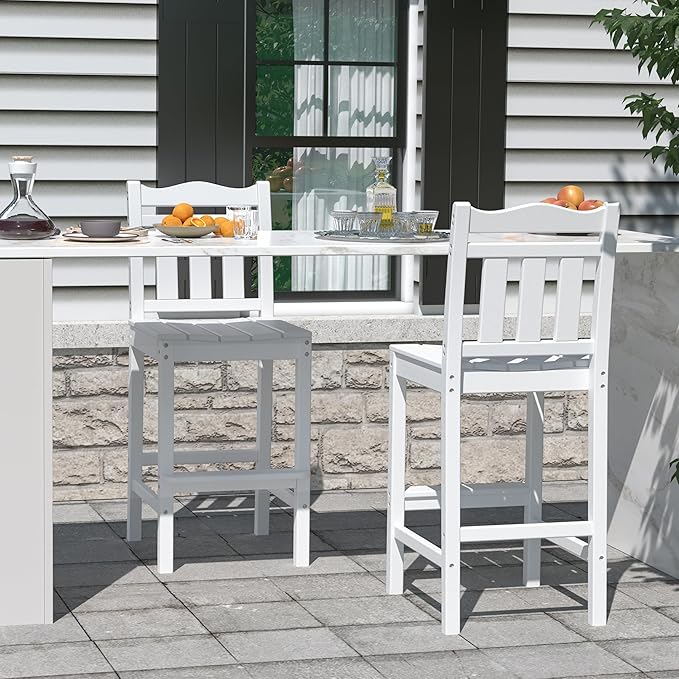 nalone Outdoor Bar Stools Set of 2, HDPE Tall Adirondack Chairs Bar Chairs, Weather Resistance Bar Height Chair for Balcony, Garden, Yard, Backyard (White, Bar Chairs Set of 2)