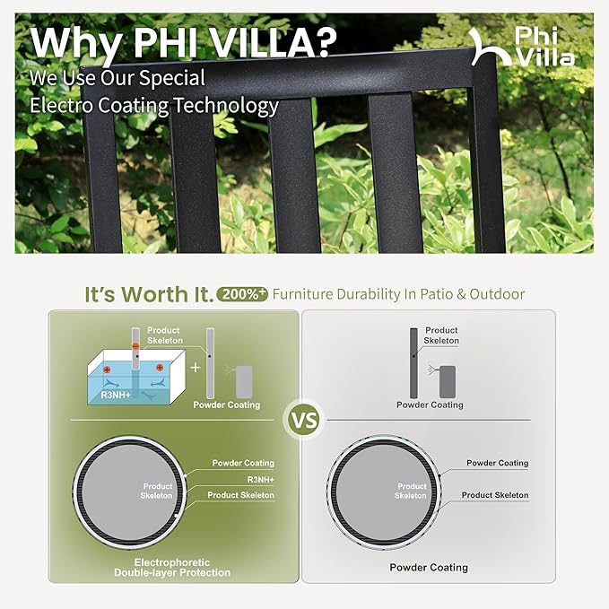PHI VILLA 9 Pieces Outdoor Dining Set for 8, 60” Brown Wood-Like Square Metal Steel Table with Umbrella Hole & Stackable Wrought Iron Chairs, Large Outside Furniture for Patio, Deck, Yard, Porch