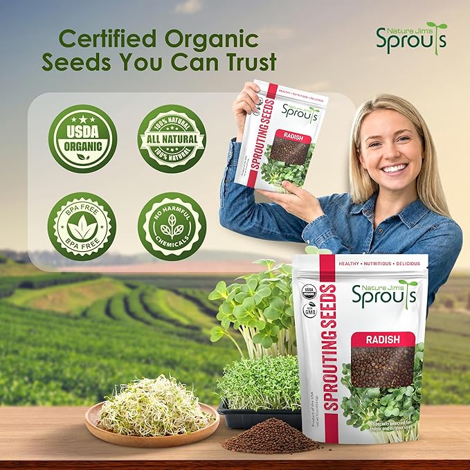 Nature Jims Organic Radish Sprout Seeds – 16 Ounce Premium Non-GMO Radish Seeds for Sprouting, Rich in Vitamins, Minerals, Fiber & Protein – Microgreen & Sprout Seeds for Home Growing