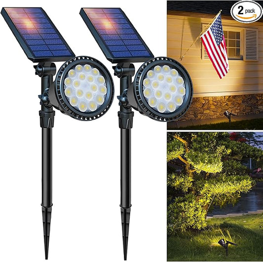 DBF Solar Lights Outdoor, 600LM Solar Spotlights Outdoor Waterproof, 2 Brightness Mode Adjustable 18 LED Flag Pole Light for Garden Yard Patio Landscape Driveway Garage Pool(Warm White, 2 Pack)