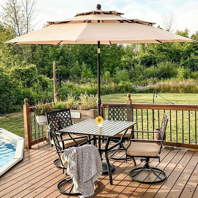 PHI VILLA 5 Pieces Outdoor Dining Set for 4, 37" Black Metal Table with Umbrella Hole & Swivel Wrought Iron Chairs with Cushions, Outside Furniture for Patio, Deck, Yard, Porch