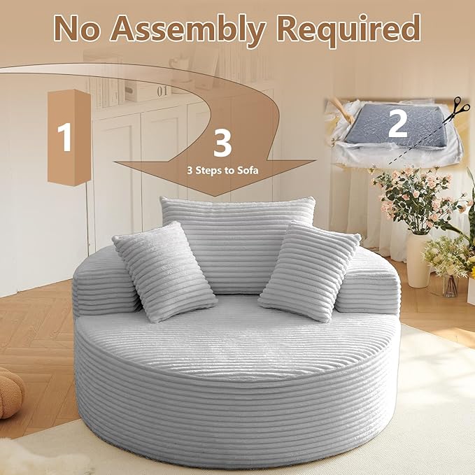 Oversized Round Chair Lounge Chaise Indoor, Upholstered Corduroy Deep Seat Cloud Large Circle Sofa Chair, No Assembly Required, Fluffy Modern Sleeper Sofa Bed for Reading, Living Room, Light gray