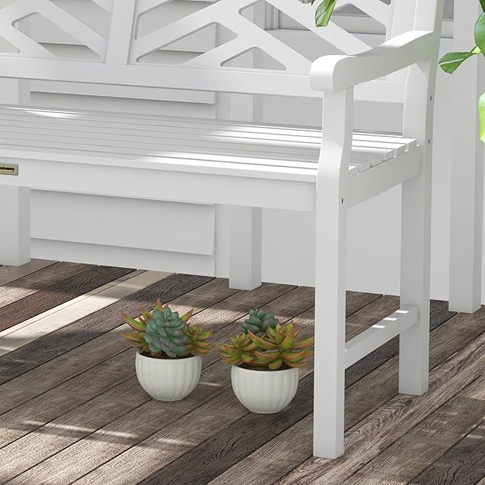 Outsunny Outdoor Garden Bench, Wooden Frame Patio Bench with Geometric Pattern, 43.25 Inch Weatherproof 2-Person Love Seat for Garden, Lawn, Porch, Yard, Work Entryway, White