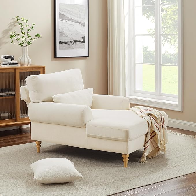 Modern Chaise Lounge Chair with Adjustable Backrest, Upholstered Indoor Leisure Sofa Recliner, Oversized Accent Chair Deep Seat Reading Armchair for Living Room, Bedroom, Office, Beige White
