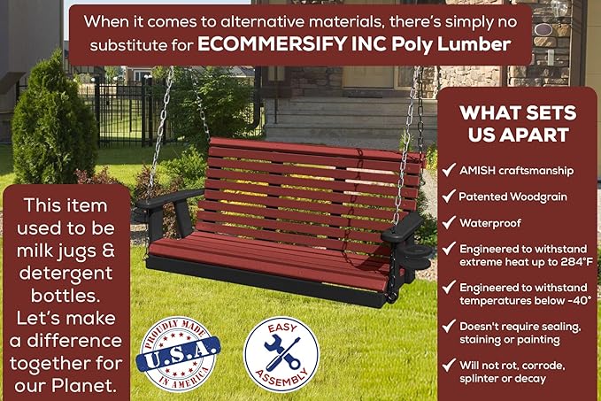 Poly Lumber Wood 5FT Porch Swing Amish Craftsmandship Made in USA HDPE with No wood fibers and 1000 lbs Limit. Stainless Steel Hardware.Signature Rollback design for Patio Outdoor Backyard Garden Park