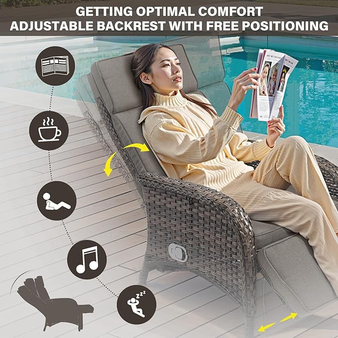 Belord Versatile Outdoor Recliner Chair - Reclining Patio Chair with Adjustable Backrest and Footrest, All-Weather Wicker Chaise Lounge Chair Outdoor for Pool Deck Brown