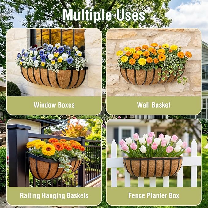 4 Pcs 24 Inch Trough Coco Liner for Window Box, 100% Natural Half Moon Coconut Coir Planter, Replaceable Coconut Fiber Liner for Window Boxes & Fence Flower Baskets (4, 24 inch)