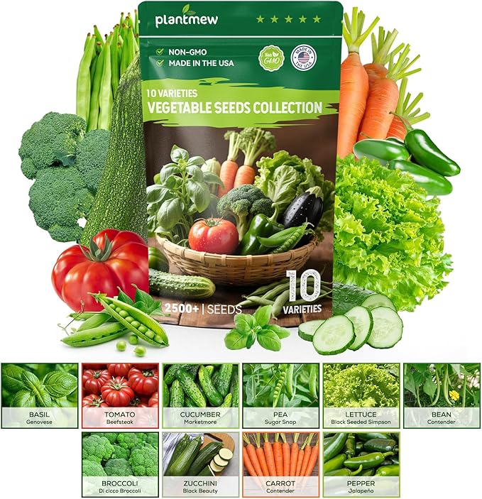 10 Vegetable Seeds Pack - Non GMO, Heirloom - Basil, Snap Pea, Broccoli, Bean, Jalapeño Pepper, Tomato, Lettuce, Cucumber, Carrot, Zucchini Seeds for Planting Home Garden