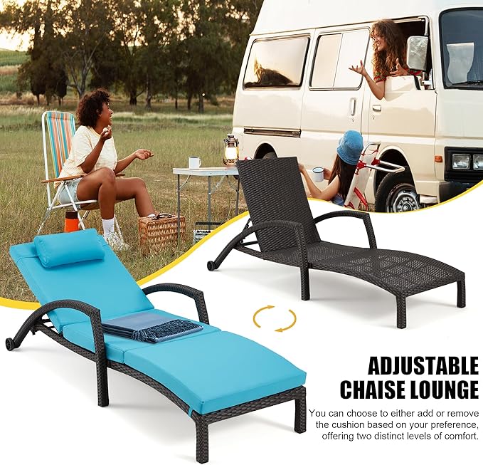 HOMREST Chaise Lounge Chairs Set of 6, PE Rattan Wicker Lounge Chair with Arm and Wheels for Poolside,Blue