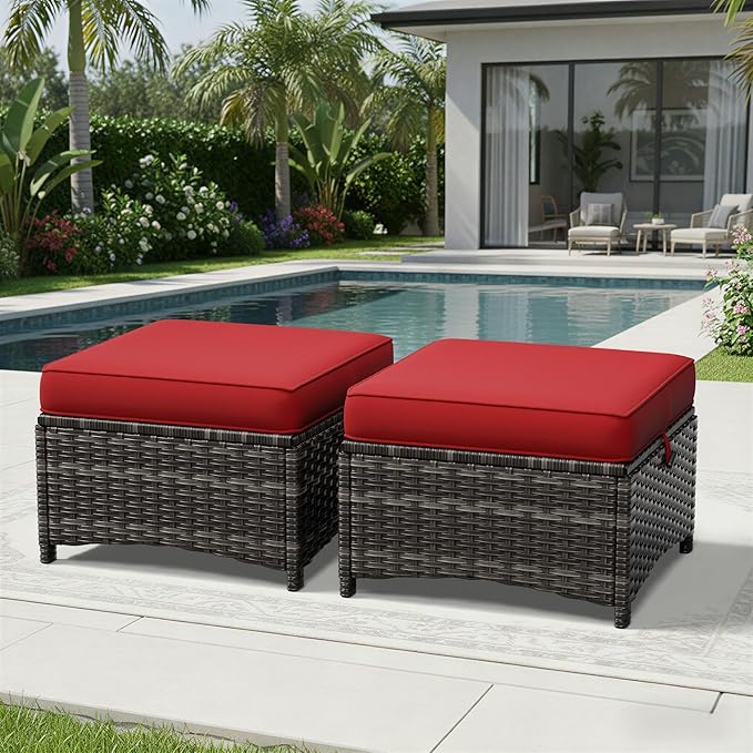 Joyside Outdoor Ottoman Set of 2, Patio Large Ottoman Foot Rest with Thickened Cushions, Outdoor Wicker Foot Stool for Porch, Deck Use