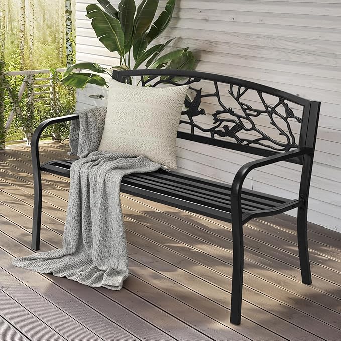 Outvita Outdoor Bench, 50" Iron Steel Frame Garden Bench with Magpie Pattern and Plastic Backrest Armrests, Patio Bench for Garden Park Yard Front Porch Patio, Black