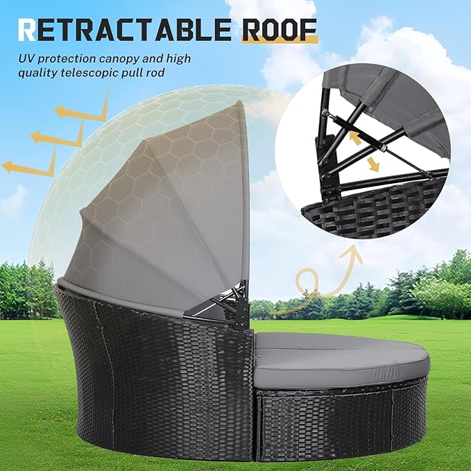 Incbruce Patio Round Daybed with Retractable Canopy, Black Wicker Rattan Sectional Sofa Furniture Set with Separated Cushion Seats for Patio, Porch and Backyard (Black)
