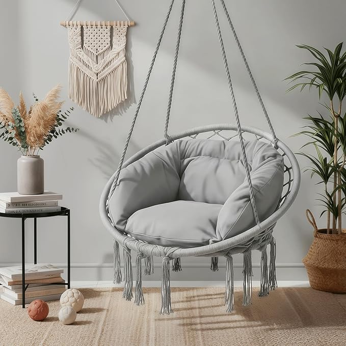 Monibloom Hanging Hammock Chair with Full Cushion, Adults Indoor Hammock Swing with Max 350 Lbs Capacity, Outdoor Macrame Hanging Chair with Boho Tassels, Home Accent Furniture Chair Swing, Grey
